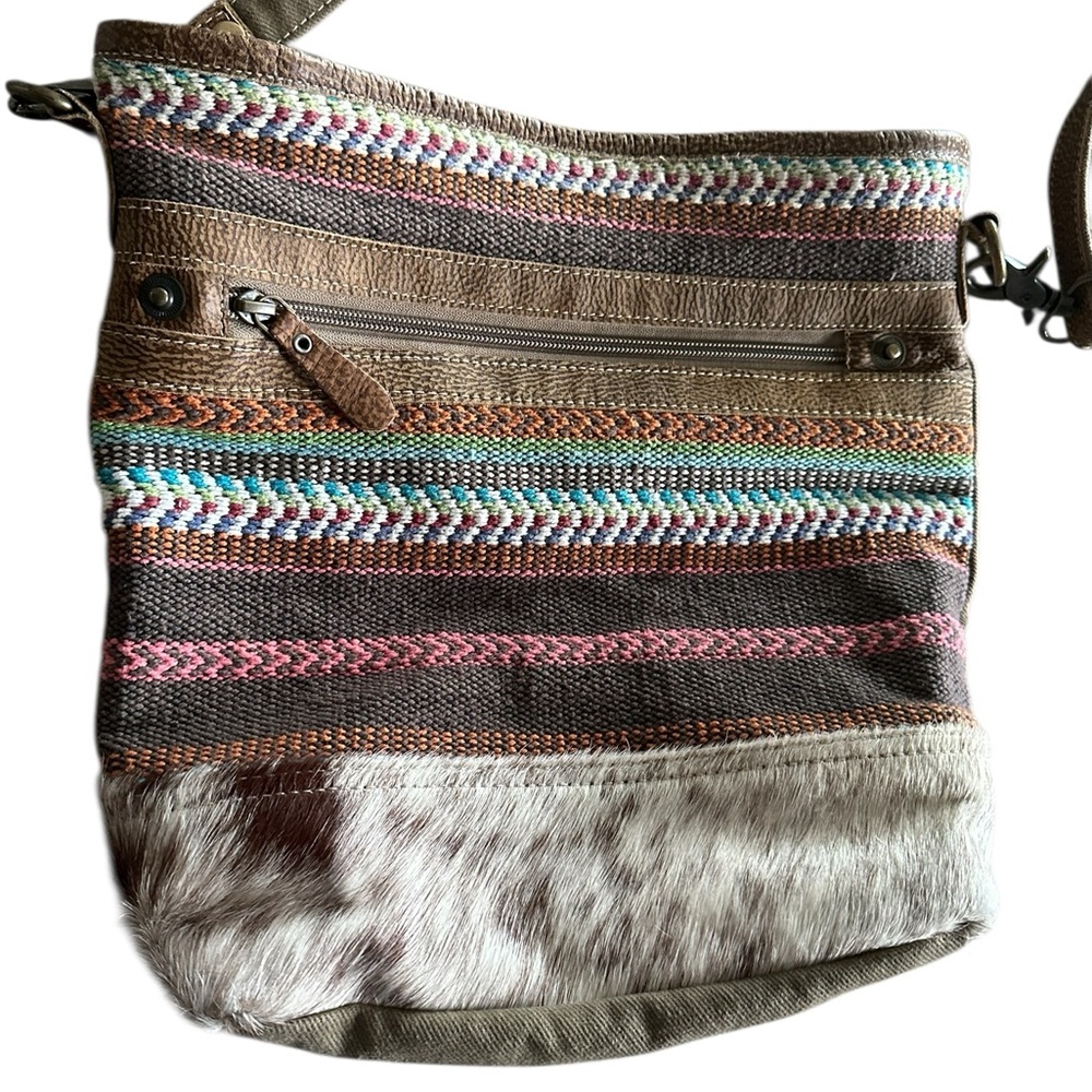 Myra Bag Multicolor Crossbody Purse Tweed Leather Cowhide Boho Style Canvas Back - Picture 5 of 16